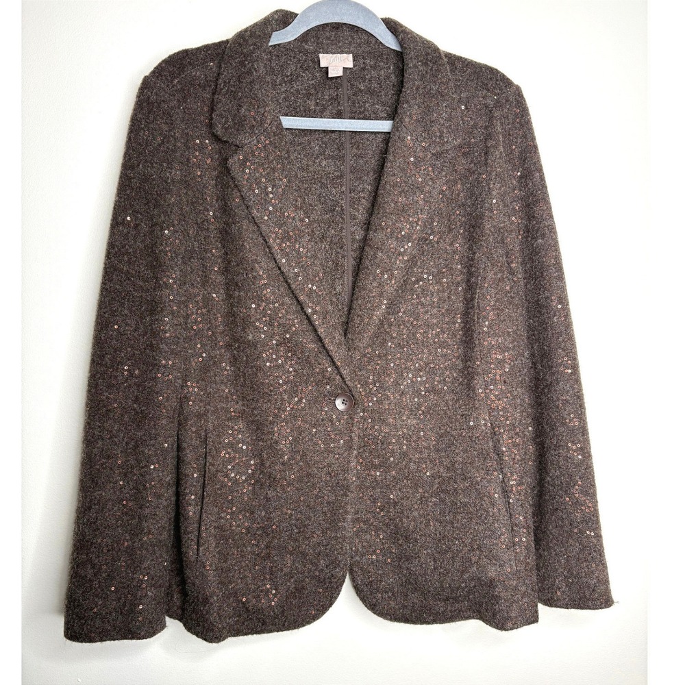J.Jill Sequin Wool Blend Blazer Jacket Brown Metallic One Button Women's Size L